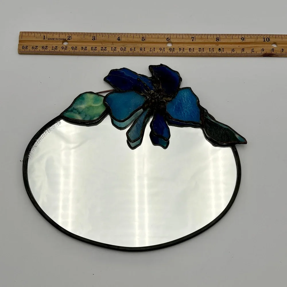 Vintage Handmade Stained Glass Mirror Blue Floral Signed Wall Decor 8x7 1996